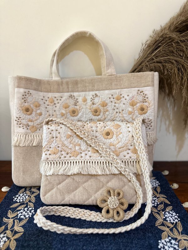 Modern Women KRI India Raw Hand embroidered Boho Bag|Tote bag | Jute brown and off white  | 12x1