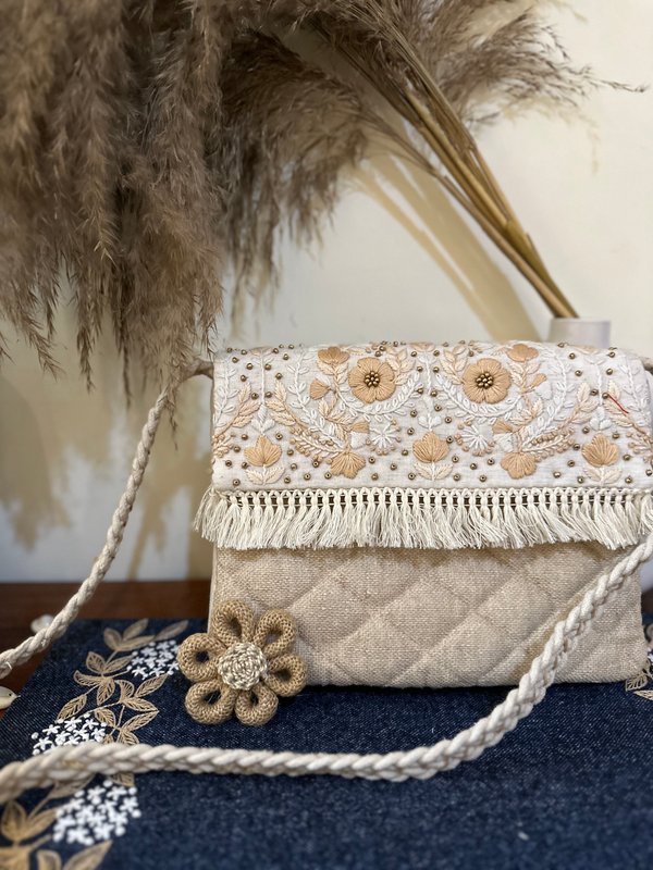 Modern Women KRI India Raw Hand embroidered Boho Bag|Tote bag | Jute brown and off white  | 12x1
