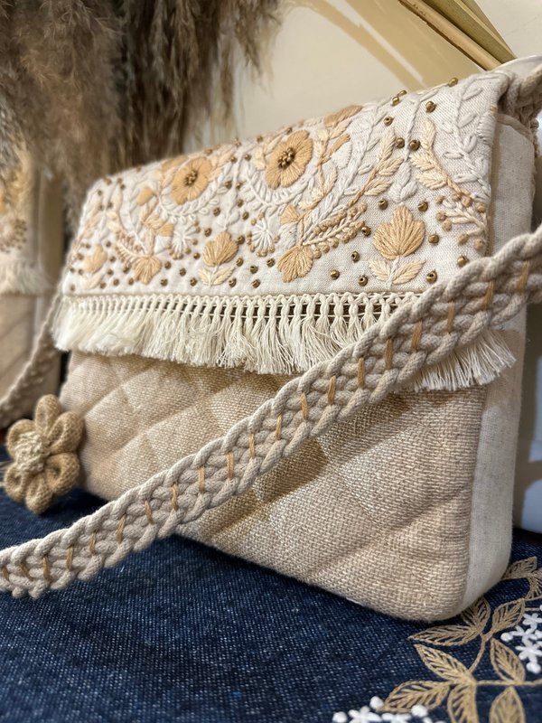 Modern Women KRI India Raw Hand embroidered Boho Bag|Tote bag | Jute brown and off white  | 12x1