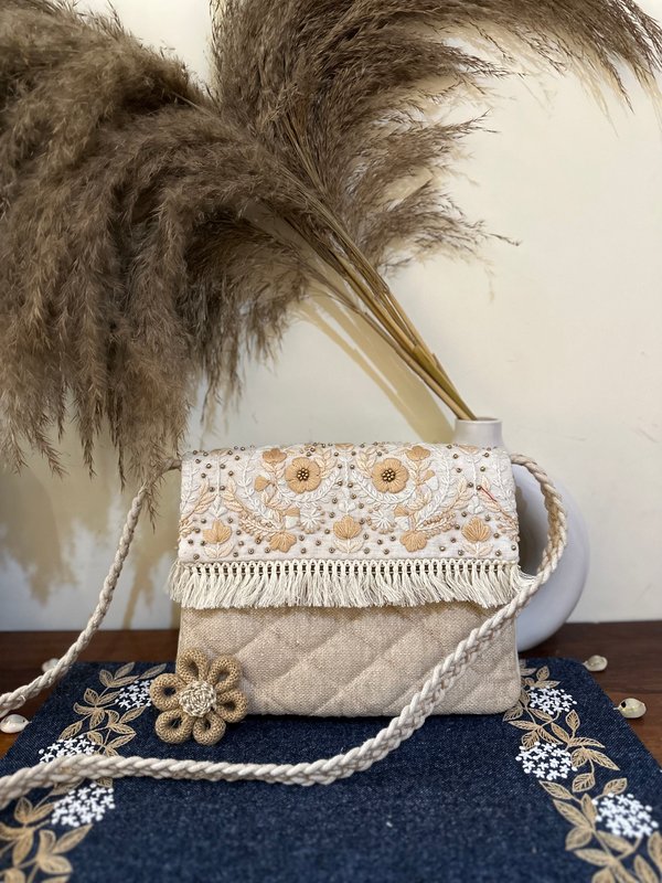 Modern Women KRI India Raw Hand embroidered Boho Bag|Tote bag | Jute brown and off white  | 12x1