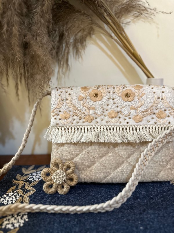 Modern Women KRI India Raw Hand embroidered Boho Bag|Tote bag | Jute brown and off white  | 12x1