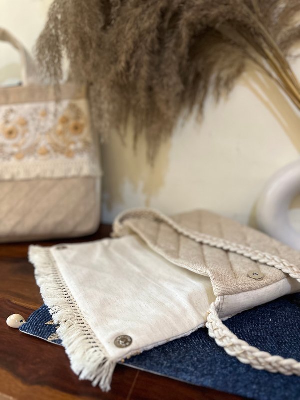 Modern Women KRI India Raw Hand embroidered Boho Bag|Tote bag | Jute brown and off white  | 12x1