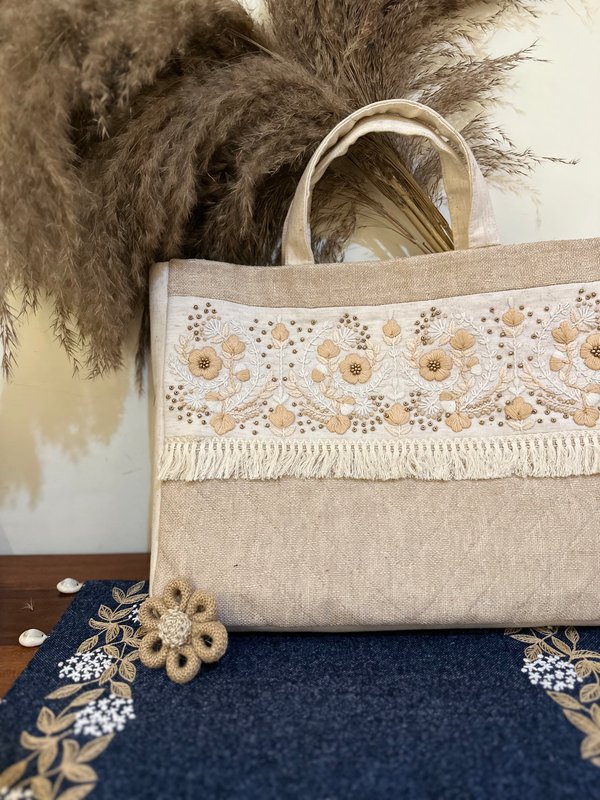 Modern Women KRI India Raw Hand embroidered Boho Bag|Tote bag | Jute brown and off white  | 12x1